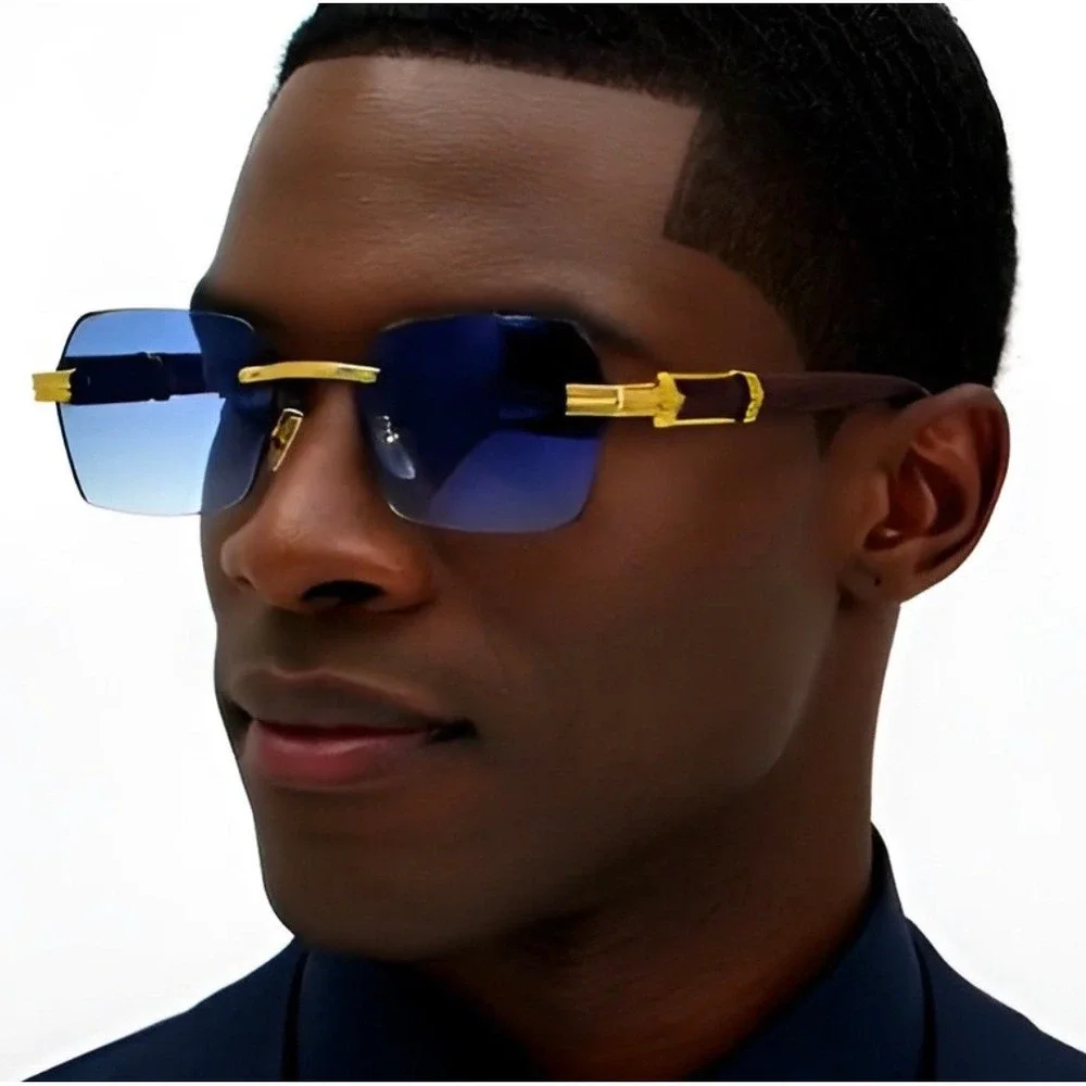 Rimless Sunglasses Men Designer Luxury Gold Frame Blue Lens Fashion Shades Gafas